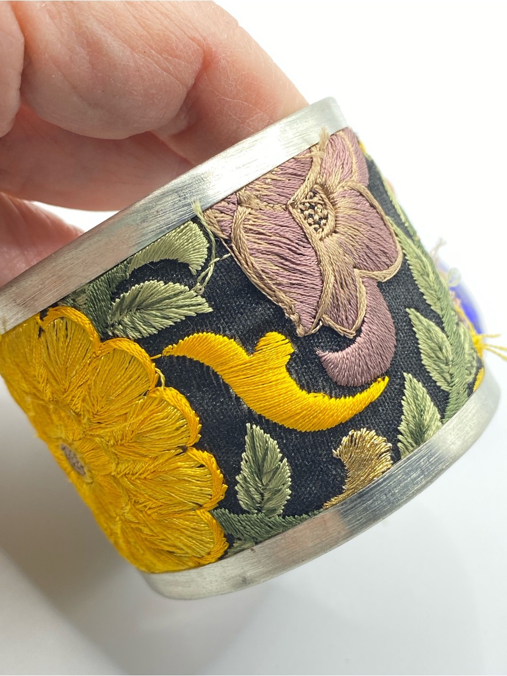 Yellow Flower Embroidery Cuff Silver Tone Wide Bracelet